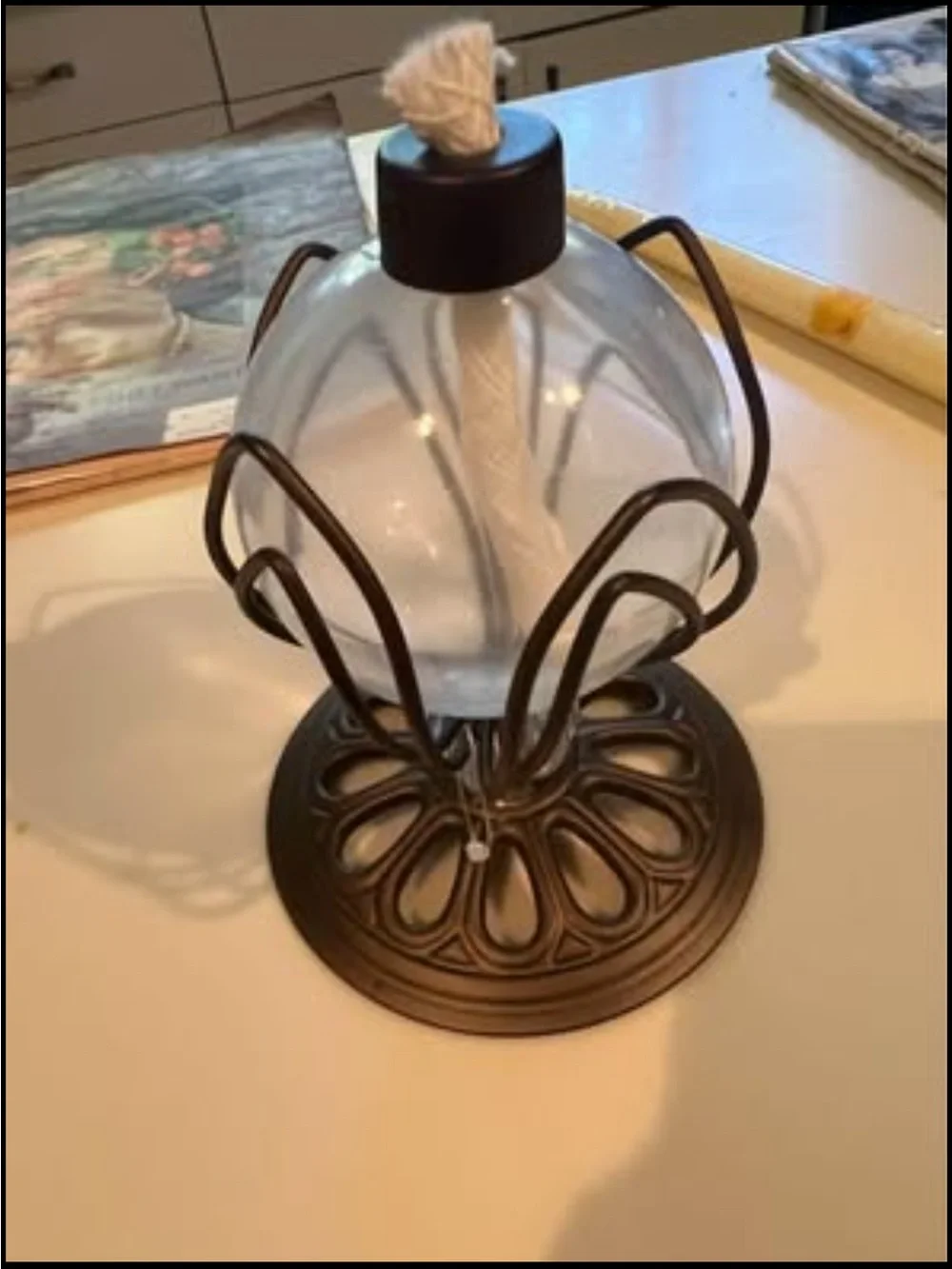 Vintage glass globe tabletop torch/ oil lamp, open flame top, beautiful unique